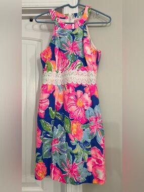 Lilly Pulitzer Girls Floral Halter Dress in Pink, Blue & Green